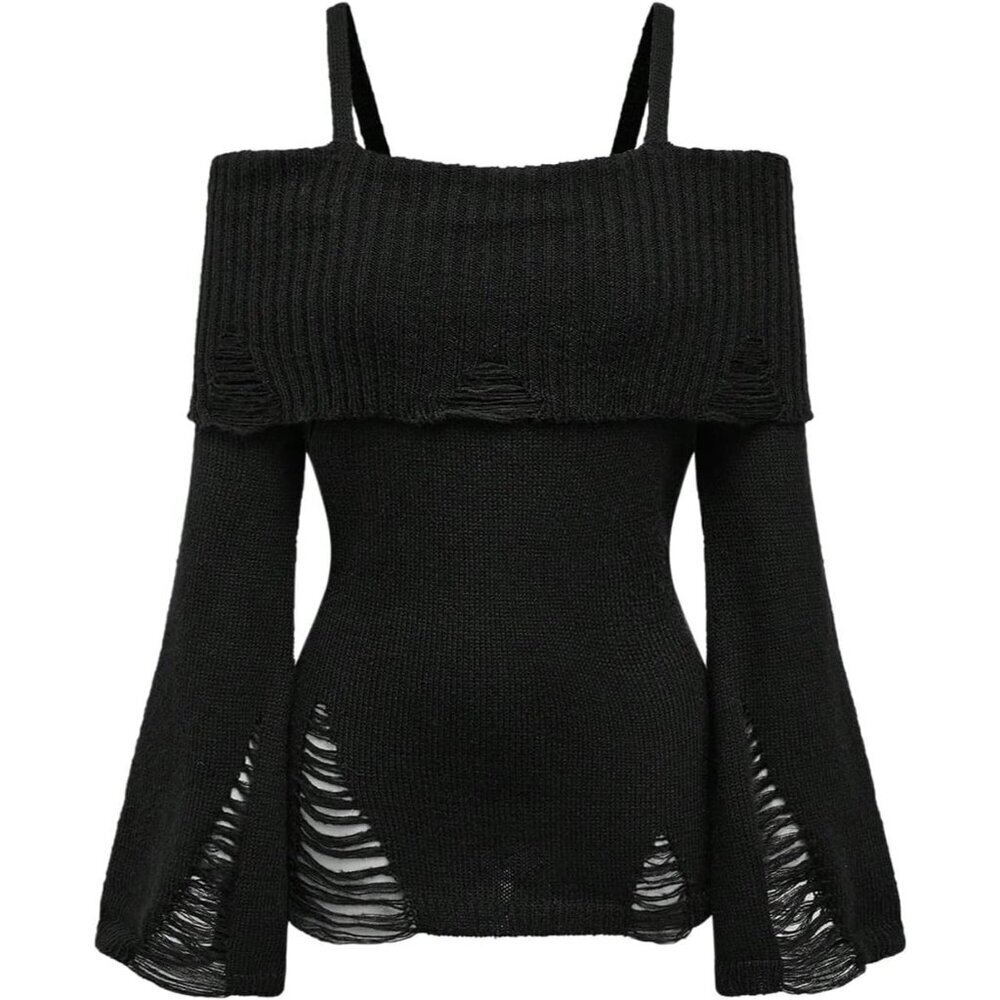 Women's Cold Shoulder Ripped Sweater Goth Punk Long Sleeve Fitted Jumper